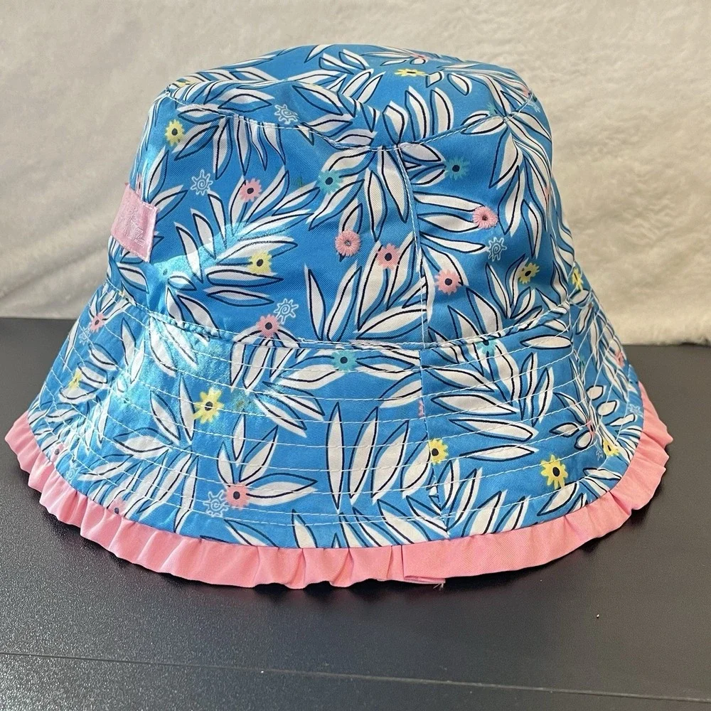 UV Skinz Girls 4T Bucket Sun Hat Floral Pink Blue White Ruffles Beach Tropical